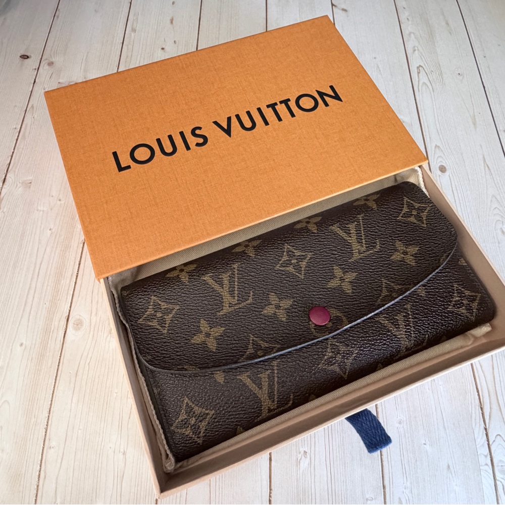 Authentic Louis Vuitton Emilie M60697 Monogram Canvas Long Wallet Brown Fuchsia